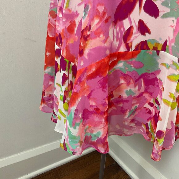 Eliza J Pink and Orange Floral Water Color Short Sleeve Shift Dress Size 6 - Picture 5 of 12